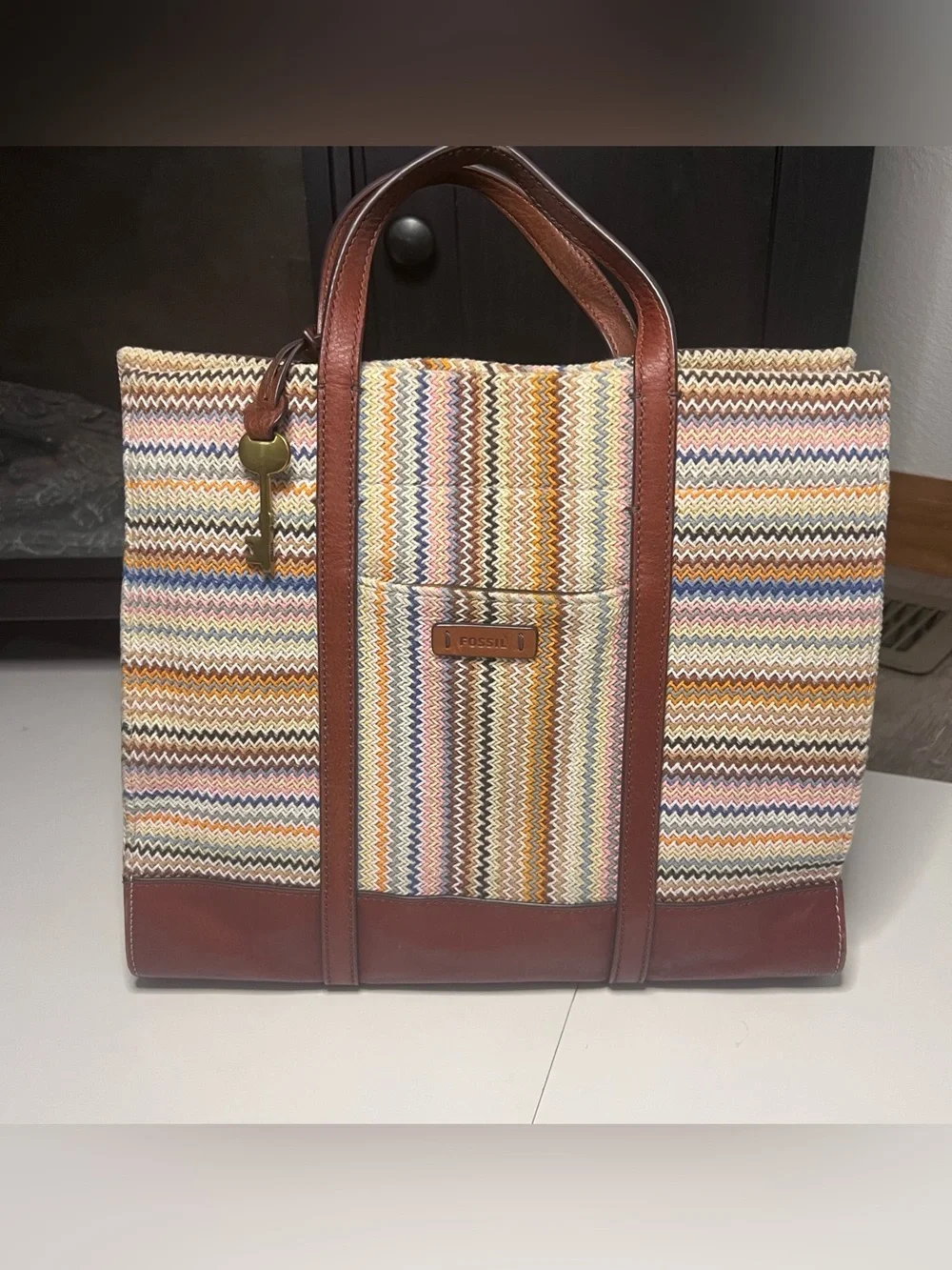 Fossil Multicolor Chevron Tote with Brown Leather Handles